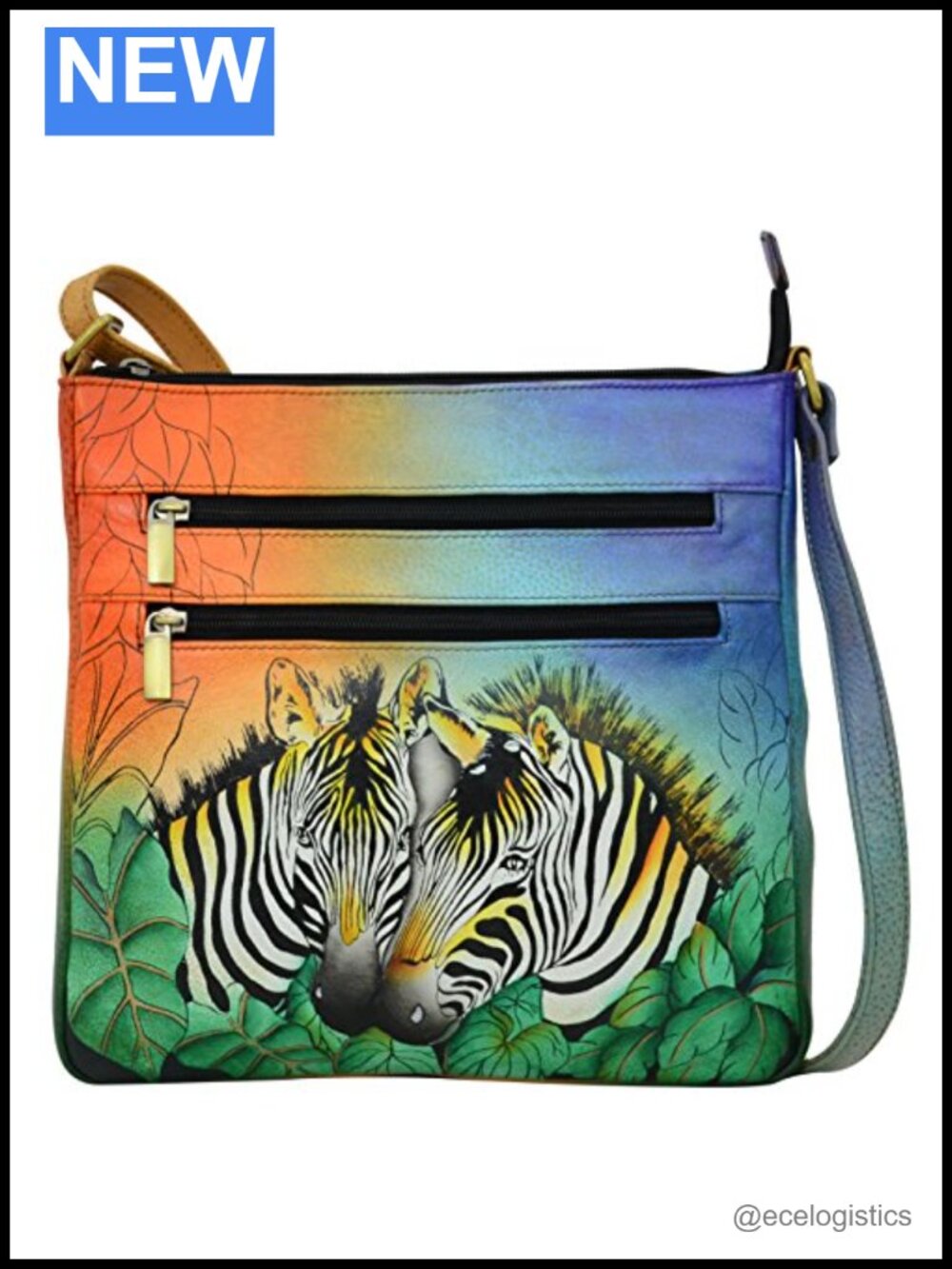 Handmade Hand Painted Genuine Leather Crossbody Bag with Triple Pocket